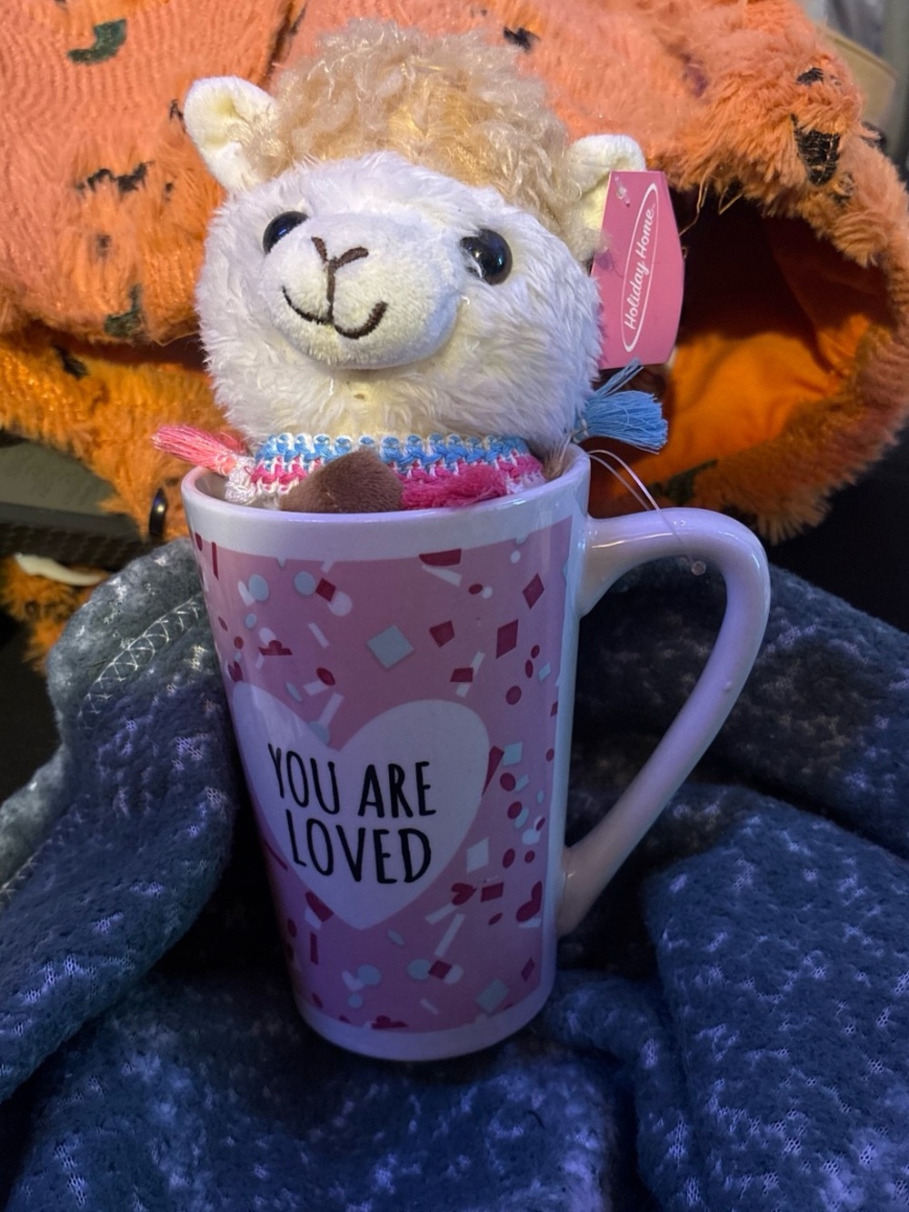 You Are Loved Pink Ceramic Mug - Heart Message with lama stuffie